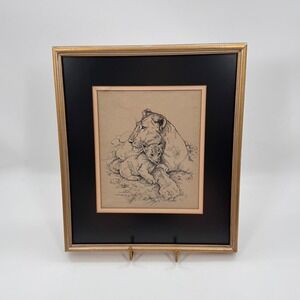 Vintage Original Pen & Ink Drawing Lioness with Cubs Signed Schneider 1974